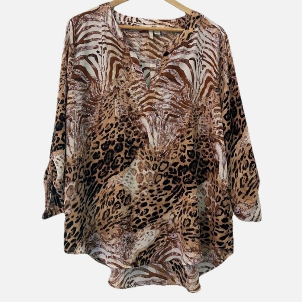 3/$18✨ Women's XL Zebra Cheetah Animal 3/4 Roll Sleeve Casual Hi-Low Soft Blouse